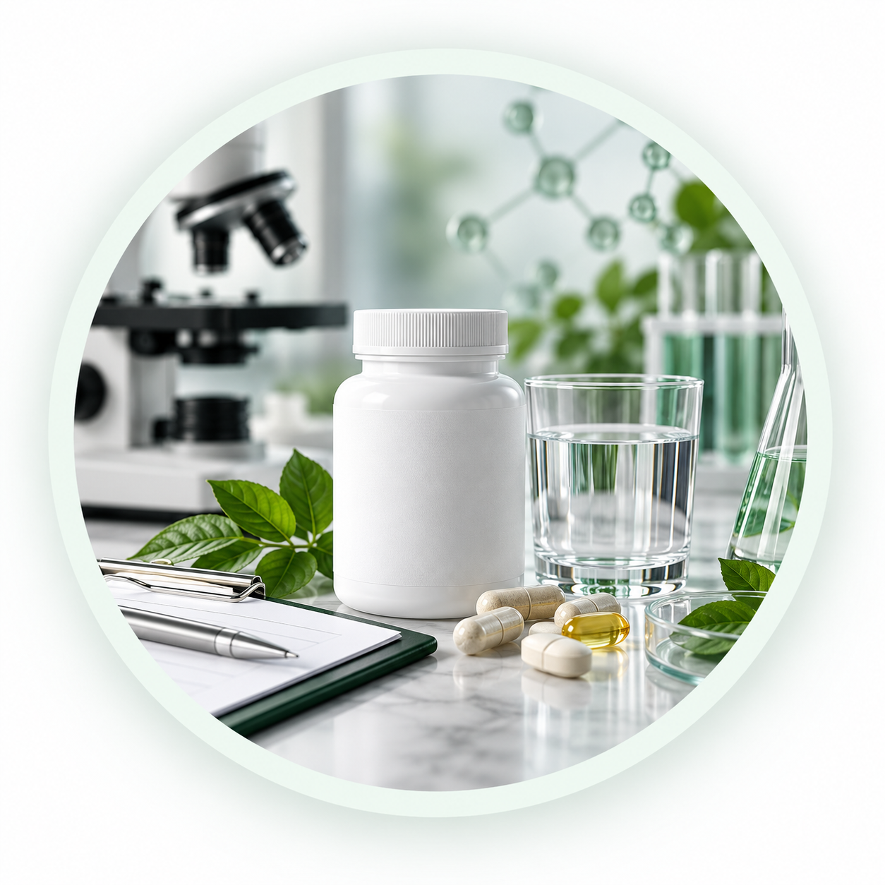 Editorial illustration of dietary supplement research with microscope, capsules and laboratory glassware
